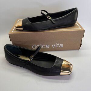 Dolce Vita Reyes Black Leather Toe Cap Mary Jane Flats Size 6 Sustainable